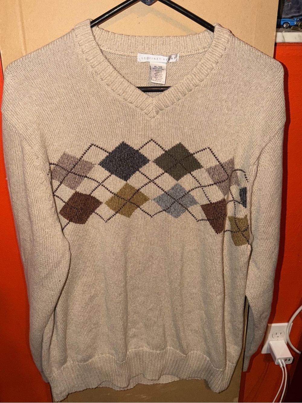 Geoffrey Beene V-Neck Argyle Sweater - Beige